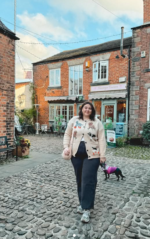 Cream Cardigan with Black Trousers