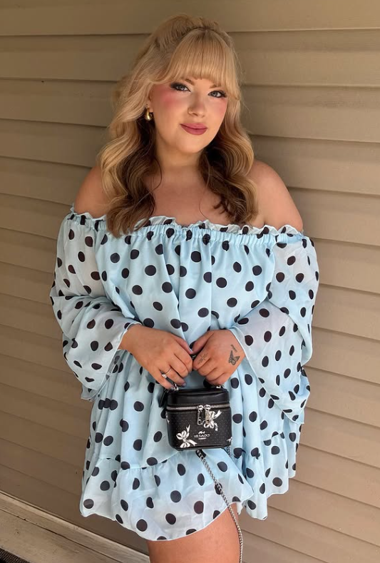 Light Blue Off-Shoulder Polka Dot Dress