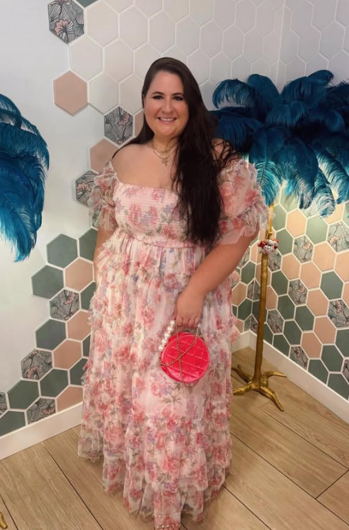 Pink Floral Off Shoulder Dress with Red Bag