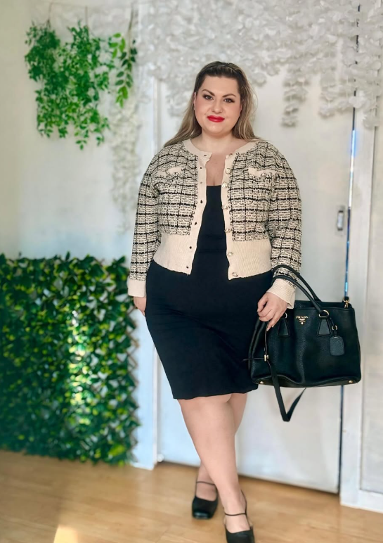 Chic Patterned Blazer with Black Dress