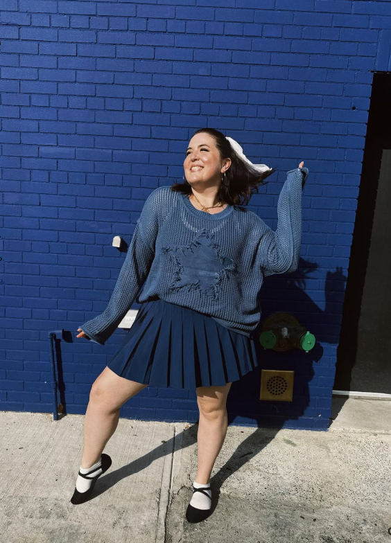 Gray Graphic Sweater with Navy Pleated Skirt