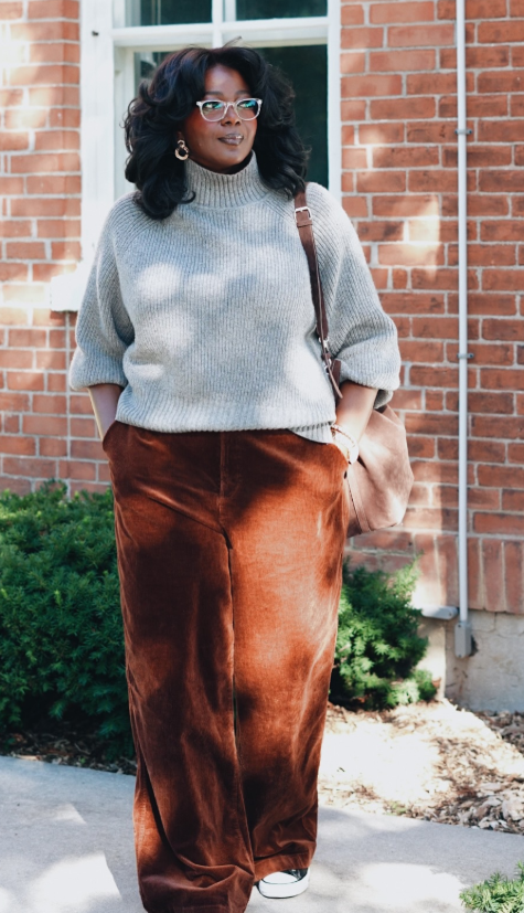 Plus Size Corduroy Shirt And Brown Pants Outfit