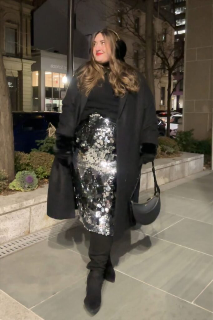 Black Coat, Turtleneck, and Seamed Sequin Skirt