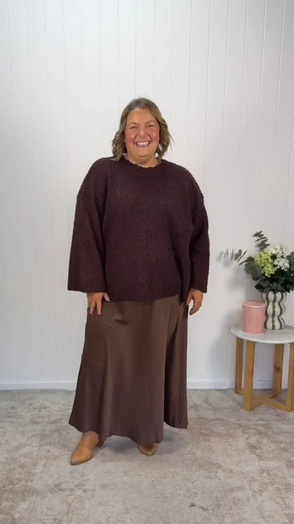 Brown Boucle Sweater and Satin Maxi Skirt