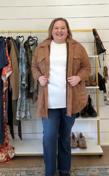 Camel Quilted Shirt Jacket with White Top and Bootcut Jeans