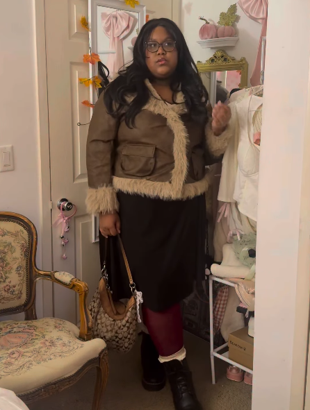 Shearling-Trim Suede Cropped Jacket with Black Midi Skirt