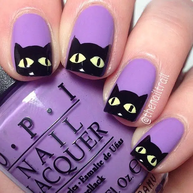 Purple Nails With Spooky Cats
