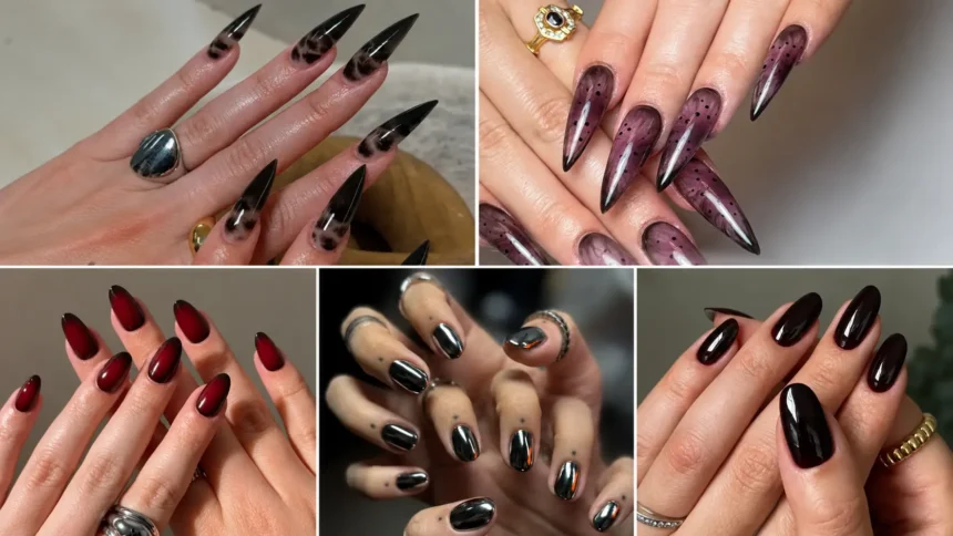 Stunning Dark Feminine Nails With Sultry Shades and Intricate Accents